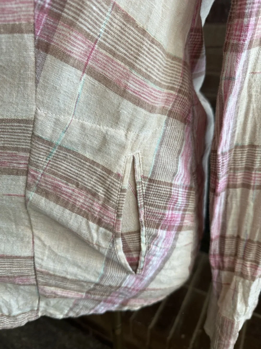 Free People Boho No Limits Plaid Linen Utility Button Up Shirt XS Pink Ivory